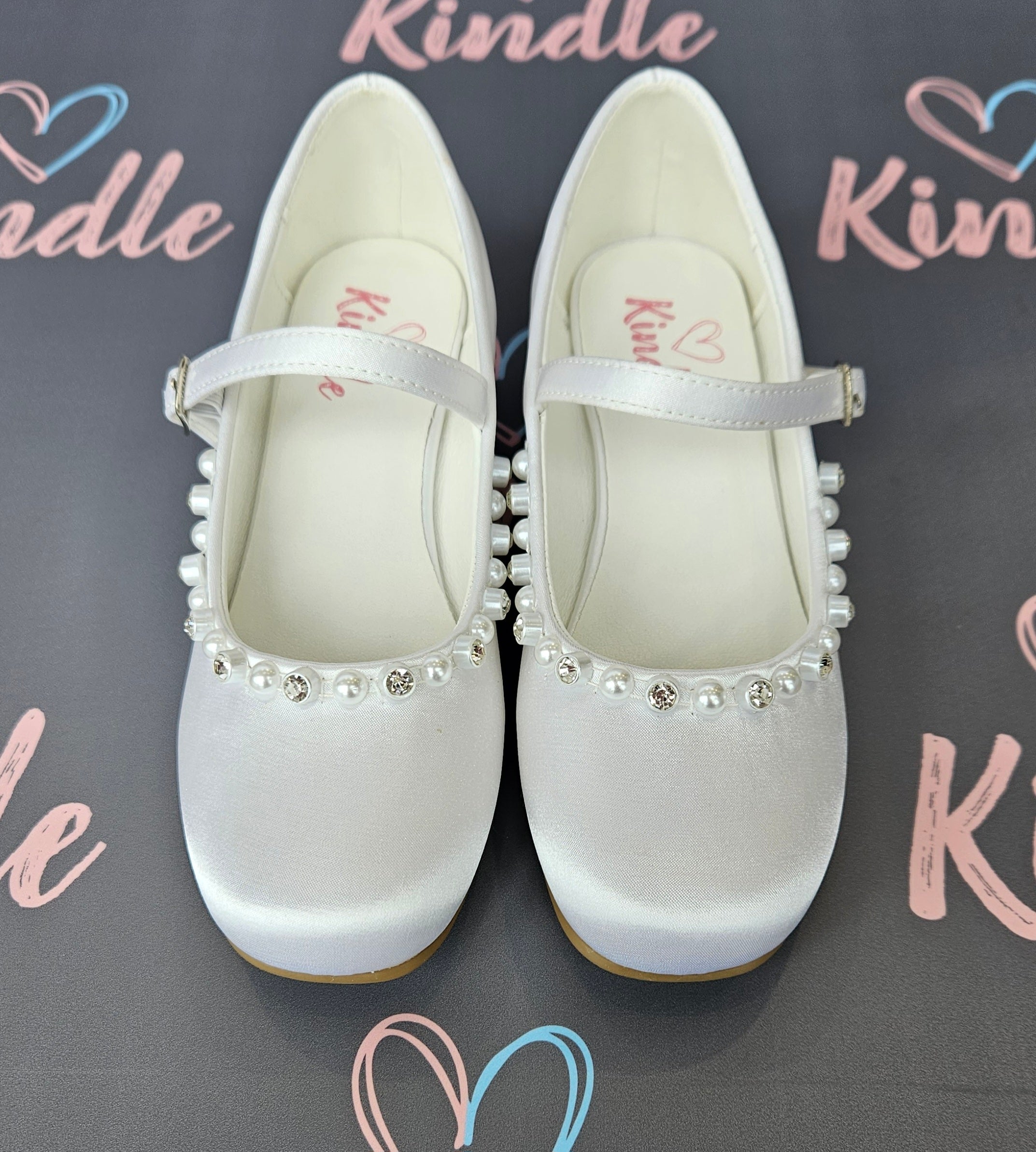 KINDLE Girls White Communion Shoes:- Heels Opal