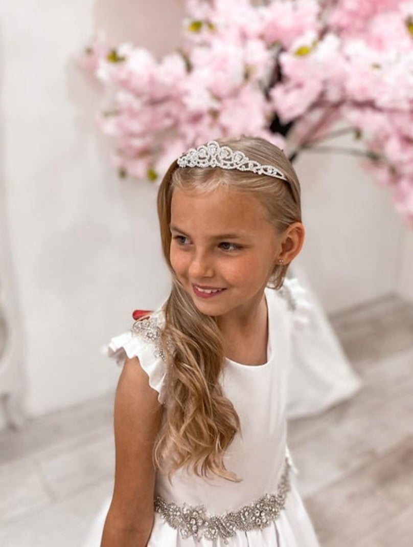 SALE COMMUNION DRESS Crystal & Pearl Serena White Communion Dress (Satin Skirt) Age 7
