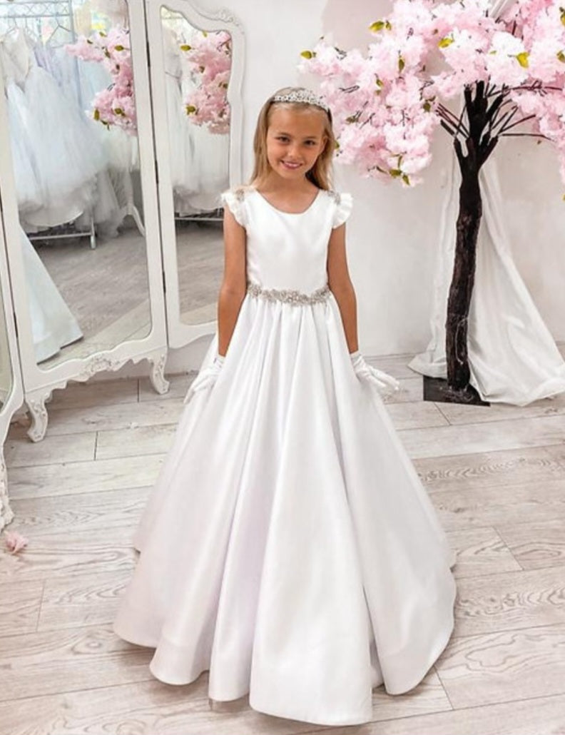 SALE COMMUNION DRESS Crystal & Pearl Serena White Communion Dress (Satin Skirt) Age 7
