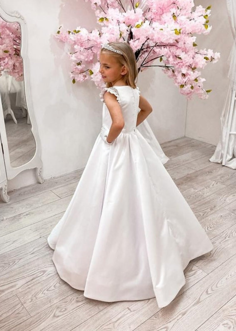 SALE COMMUNION DRESS Crystal & Pearl Serena White Communion Dress (Satin Skirt) Age 7