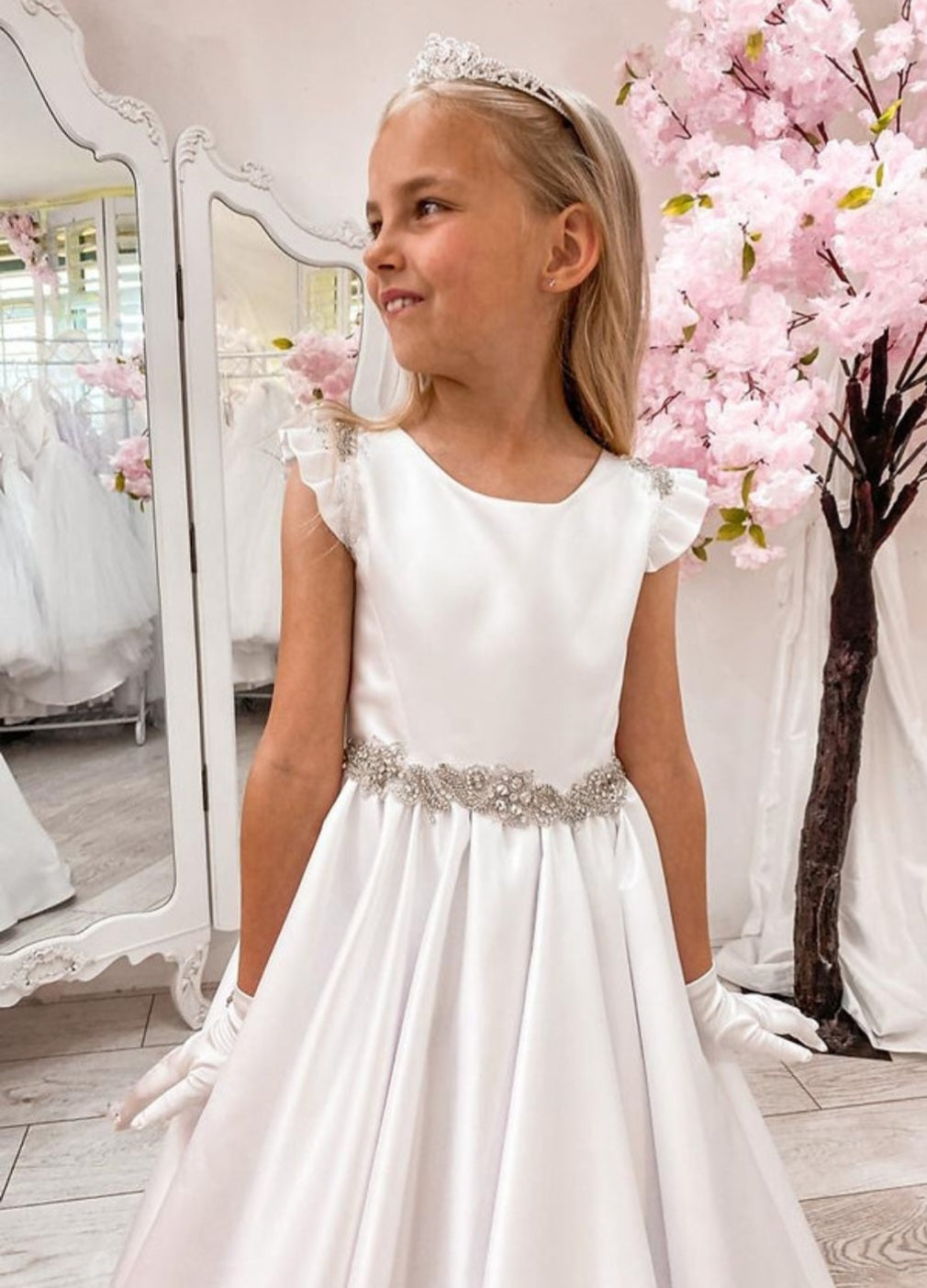 SALE COMMUNION DRESS Crystal & Pearl Serena White Communion Dress (Satin Skirt) Age 7