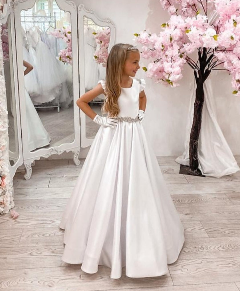 SALE COMMUNION DRESS Crystal & Pearl Serena White Communion Dress (Satin Skirt) Age 7
