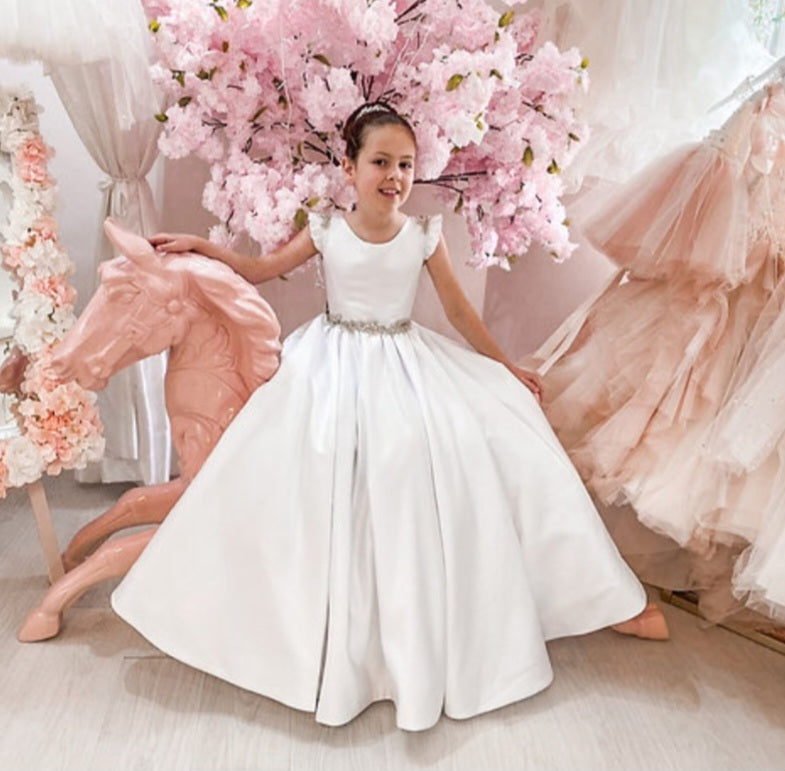 SALE COMMUNION DRESS Crystal & Pearl Serena White Communion Dress (Satin Skirt) Age 7