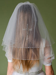 Linzi Jay Combed Veil with Crystal Sequin Edge and Cross:- LA116WT