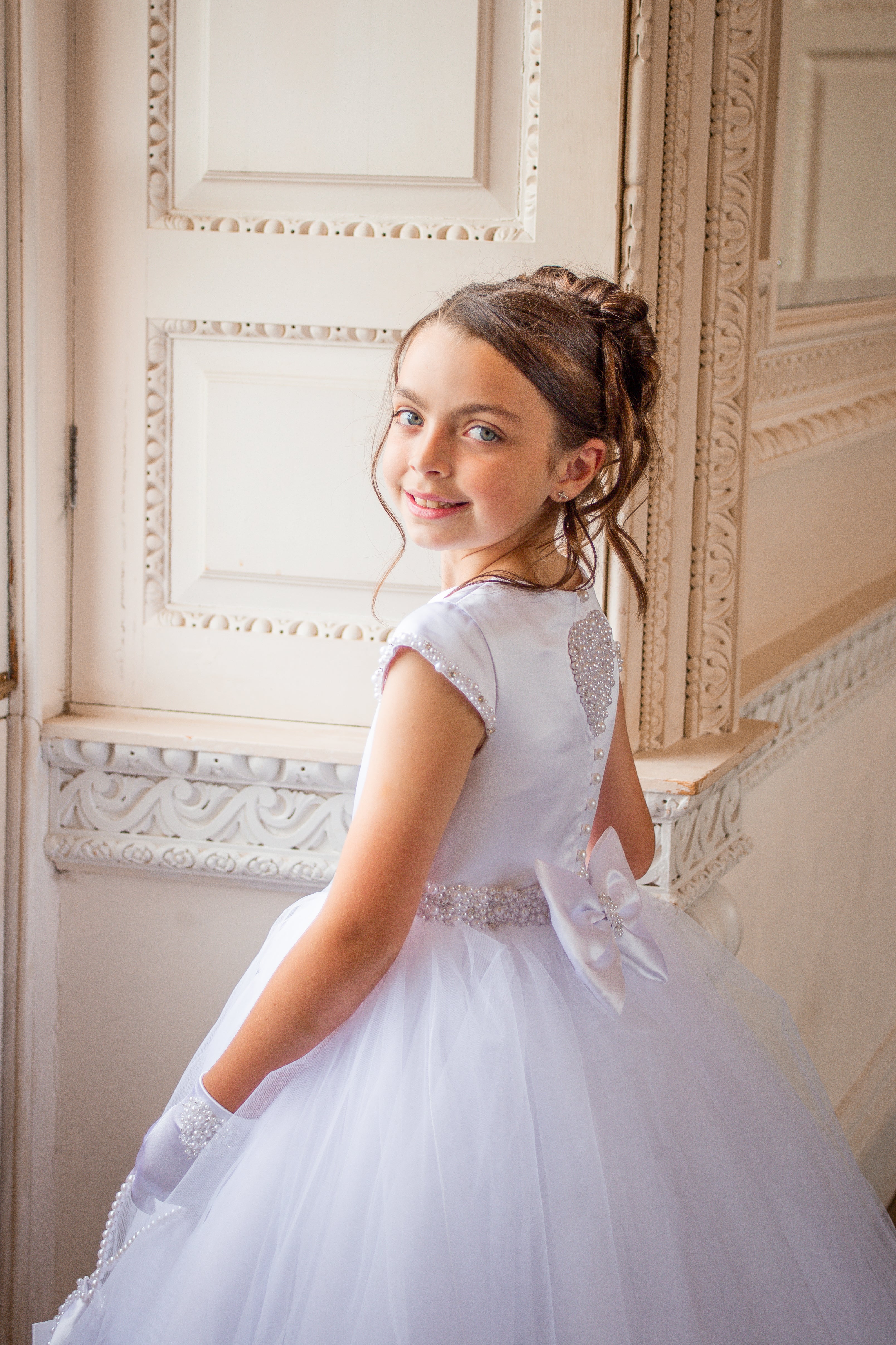 Crystal & Pearl Cherub White Communion Dress (Straight Tulle Skirt)