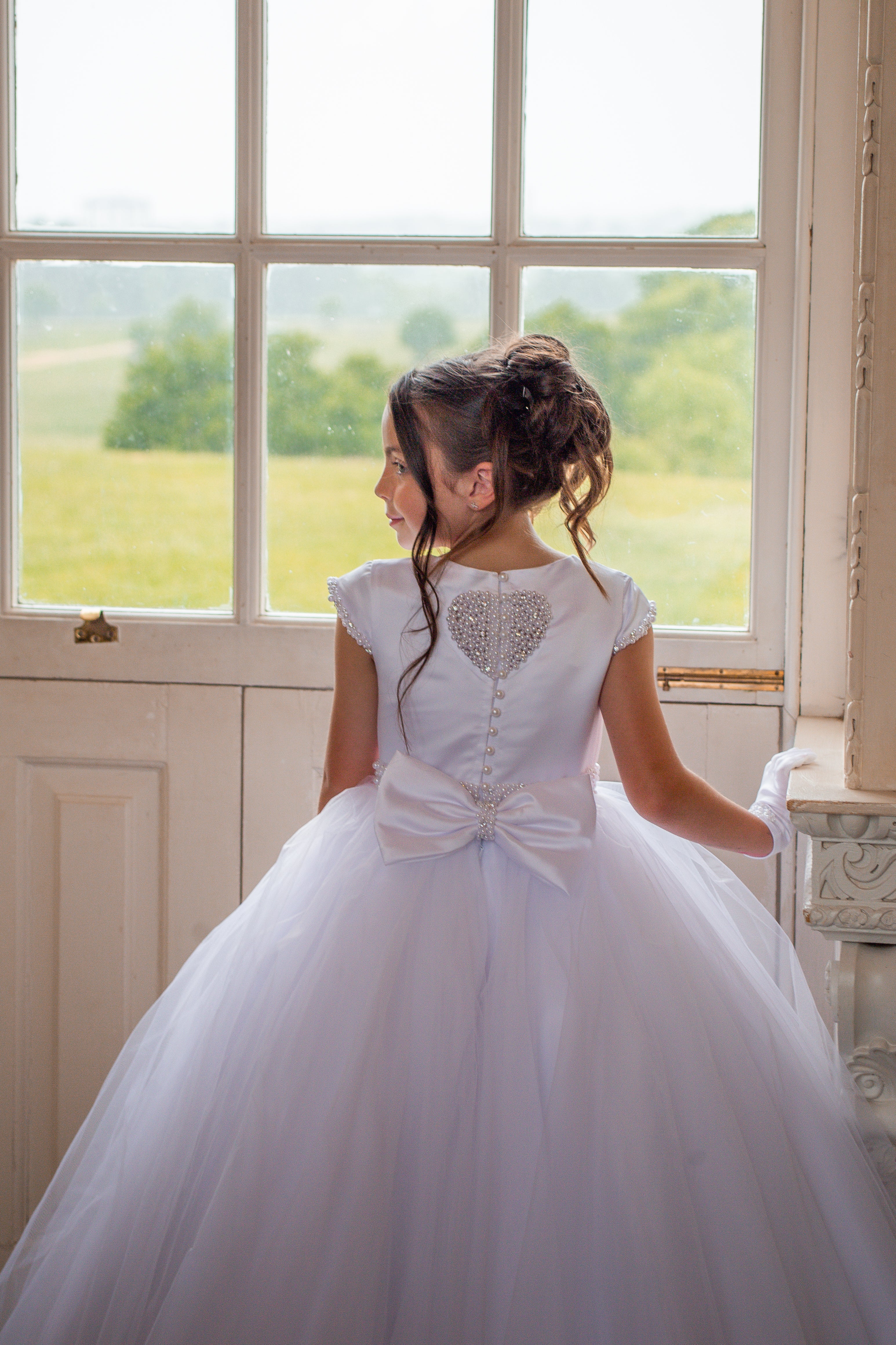 Crystal & Pearl Cherub White Communion Dress (Straight Tulle Skirt)