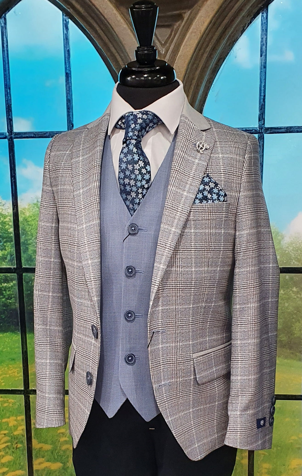 SALE 1880 Club Boys Grey Check Blazer With Plain Collar:- 122 15174 94