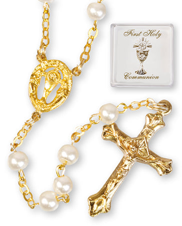 White & Gold First Holy Communion Rosary Beads