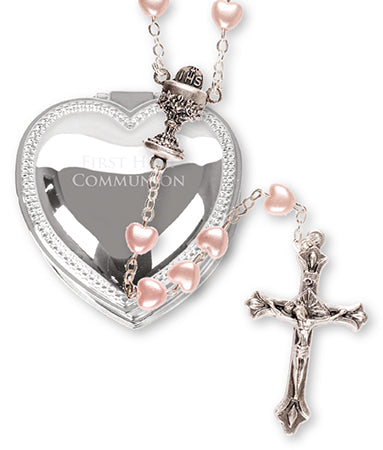 Girls First Holy Communion Rosary Beads In Heart Gift Box Pink