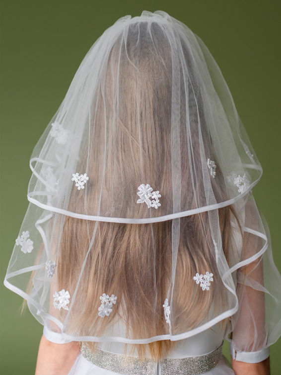 SALE Linzi Jay White Two Tier Embroidered Floral Communion Veil:- LA160WTNC2