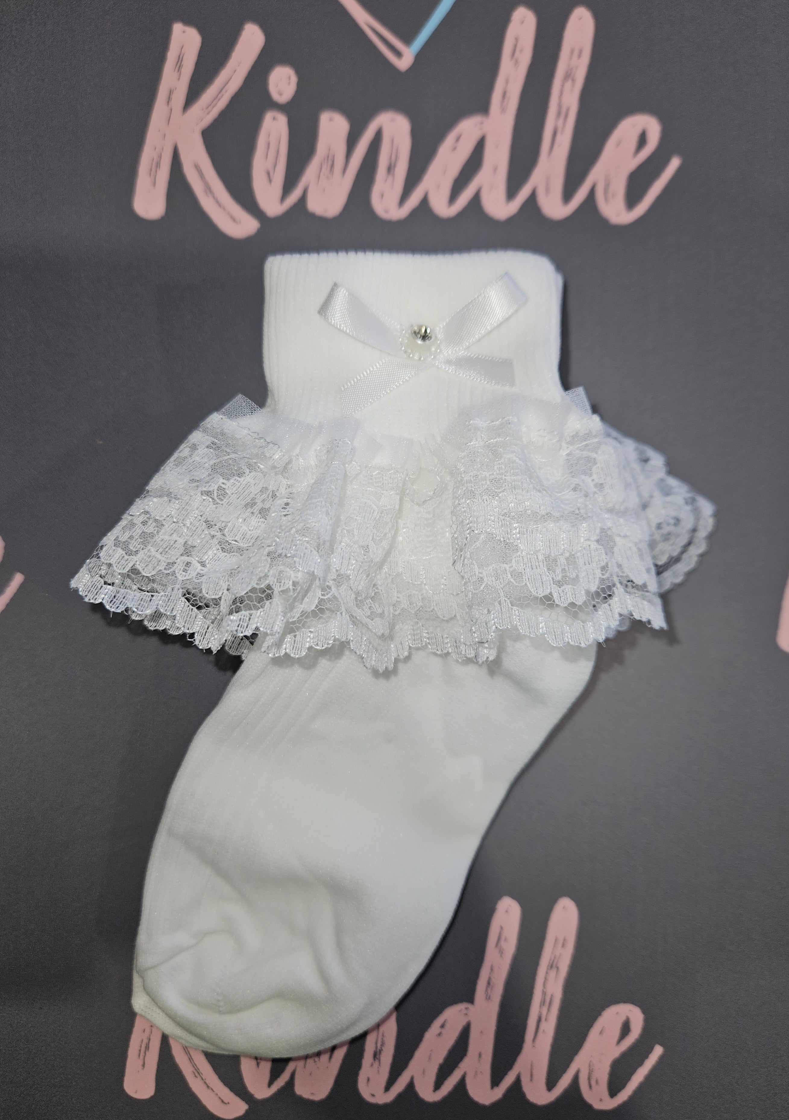 The Starlight Collection Girls Communion Socks:-Denny Bow Double Frill