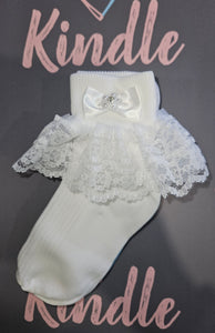 The Starlight Collection Girls Communion Socks:-Denny Pearl Flower Double Frill