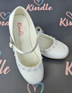 KINDLE Girls White Communion Shoes:- Heels Blossom