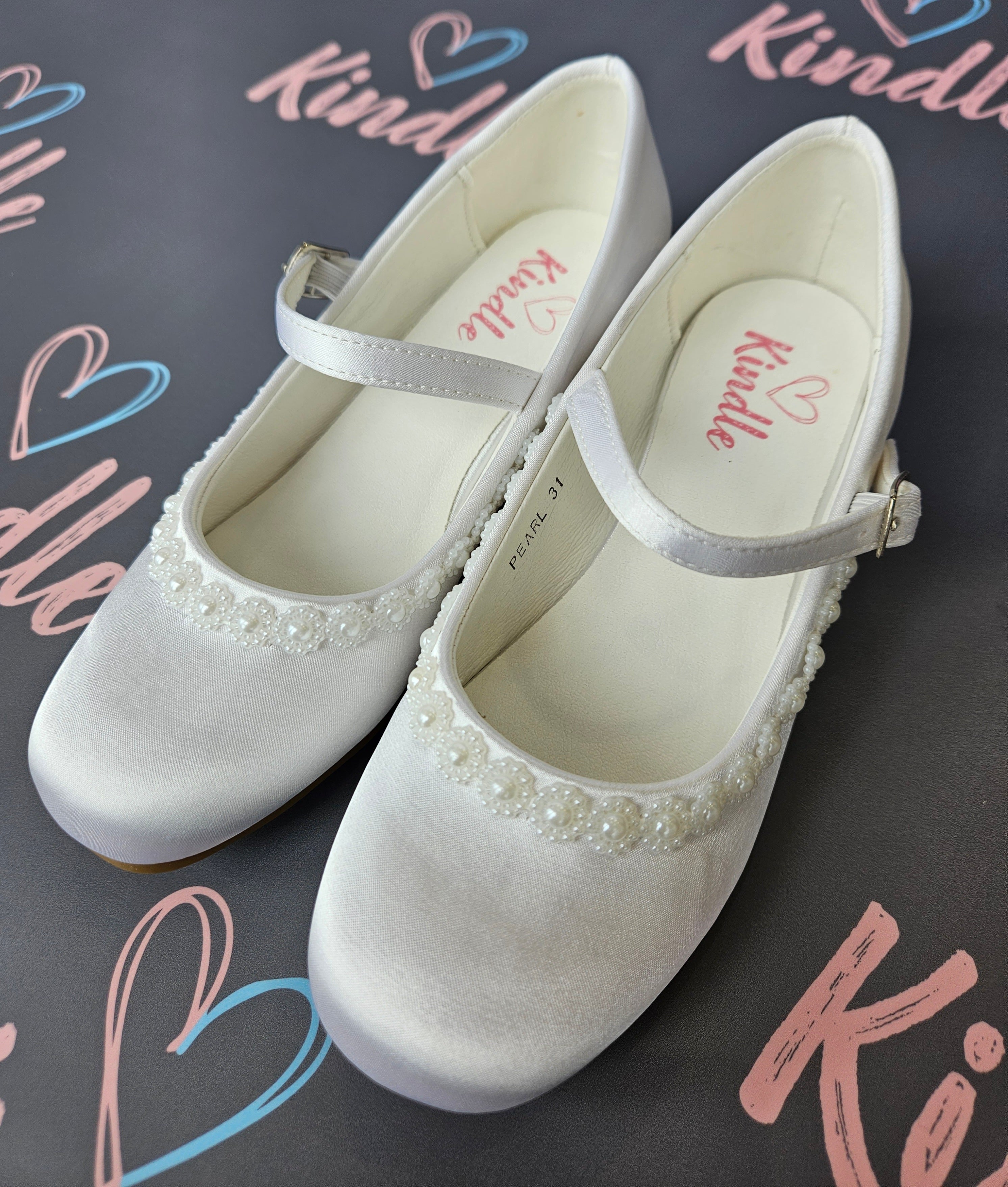 KINDLE Girls White Communion Shoes:- Heels Pearl