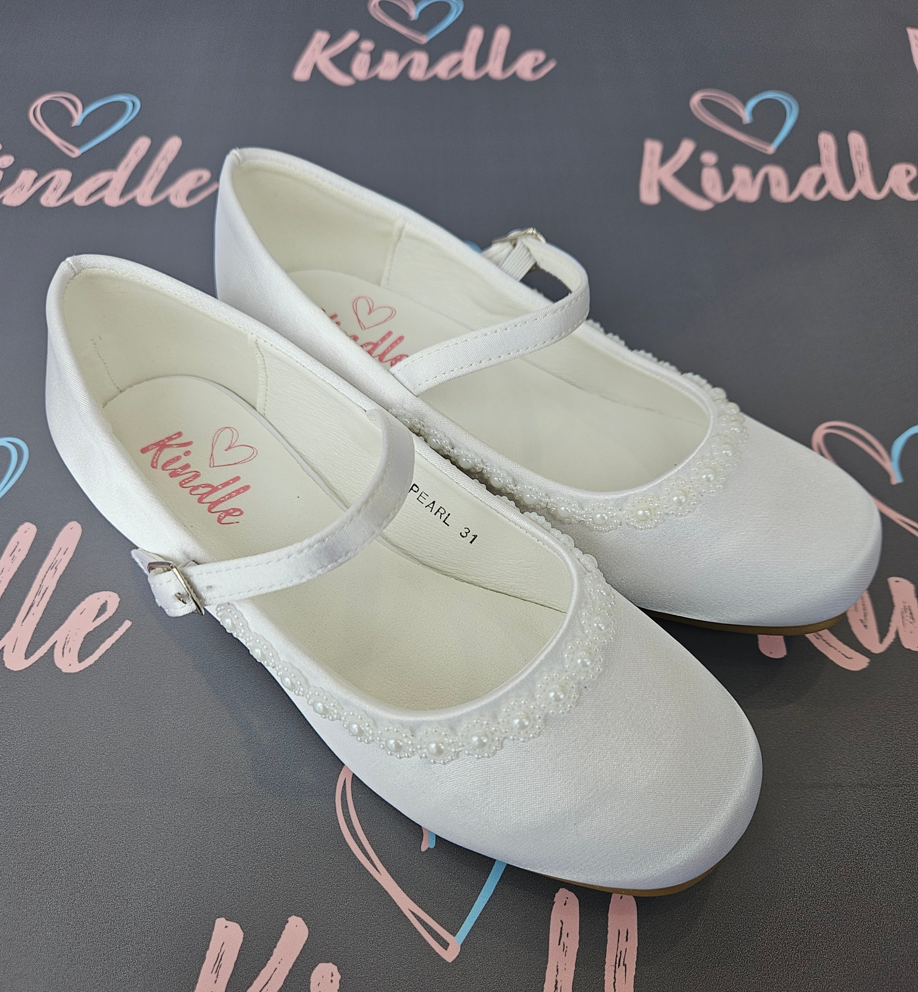 KINDLE Girls White Communion Shoes:- Heels Pearl