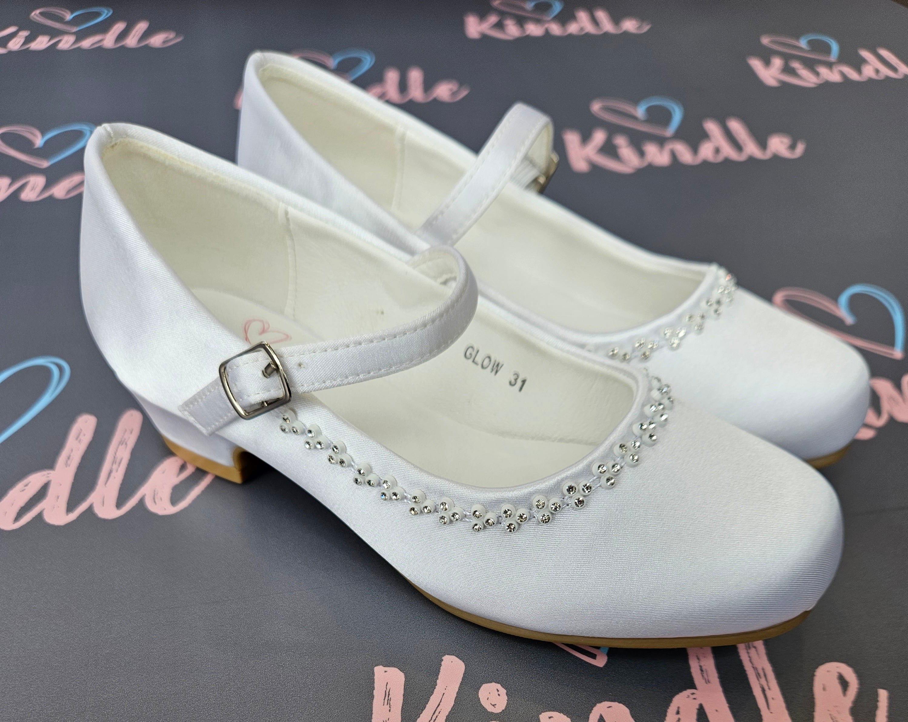KINDLE Girls White Communion Shoes:- Heels Glow