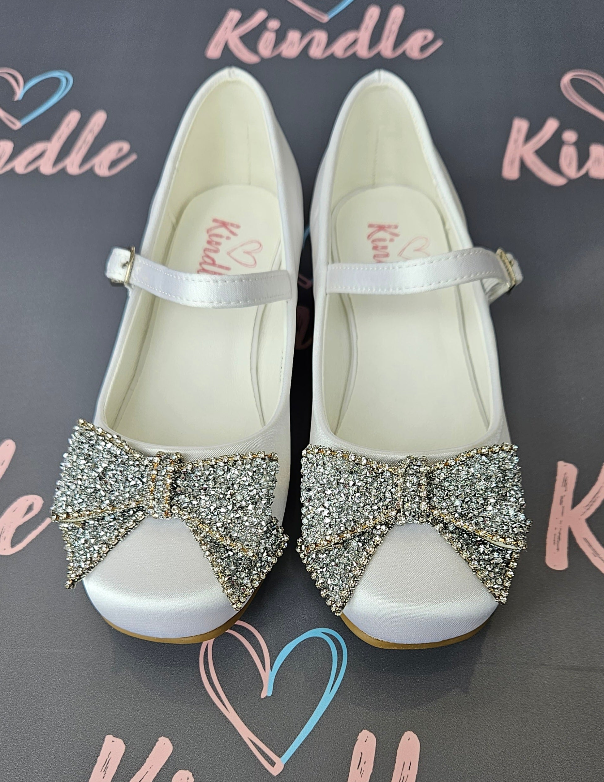 SALE SHOES KINDLE Girls White Communion Shoes:- Heels Twinkle
