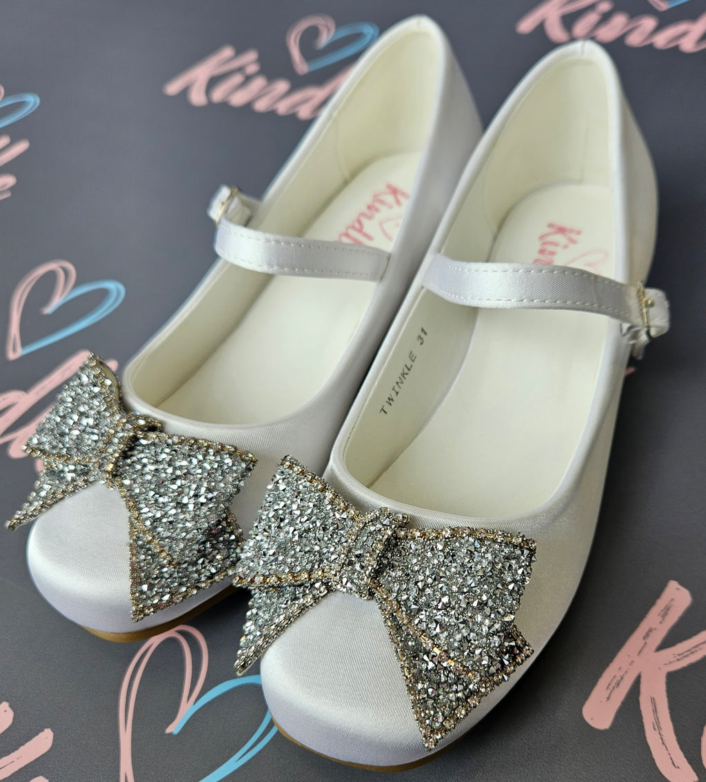 SALE SHOES KINDLE Girls White Communion Shoes:- Heels Twinkle