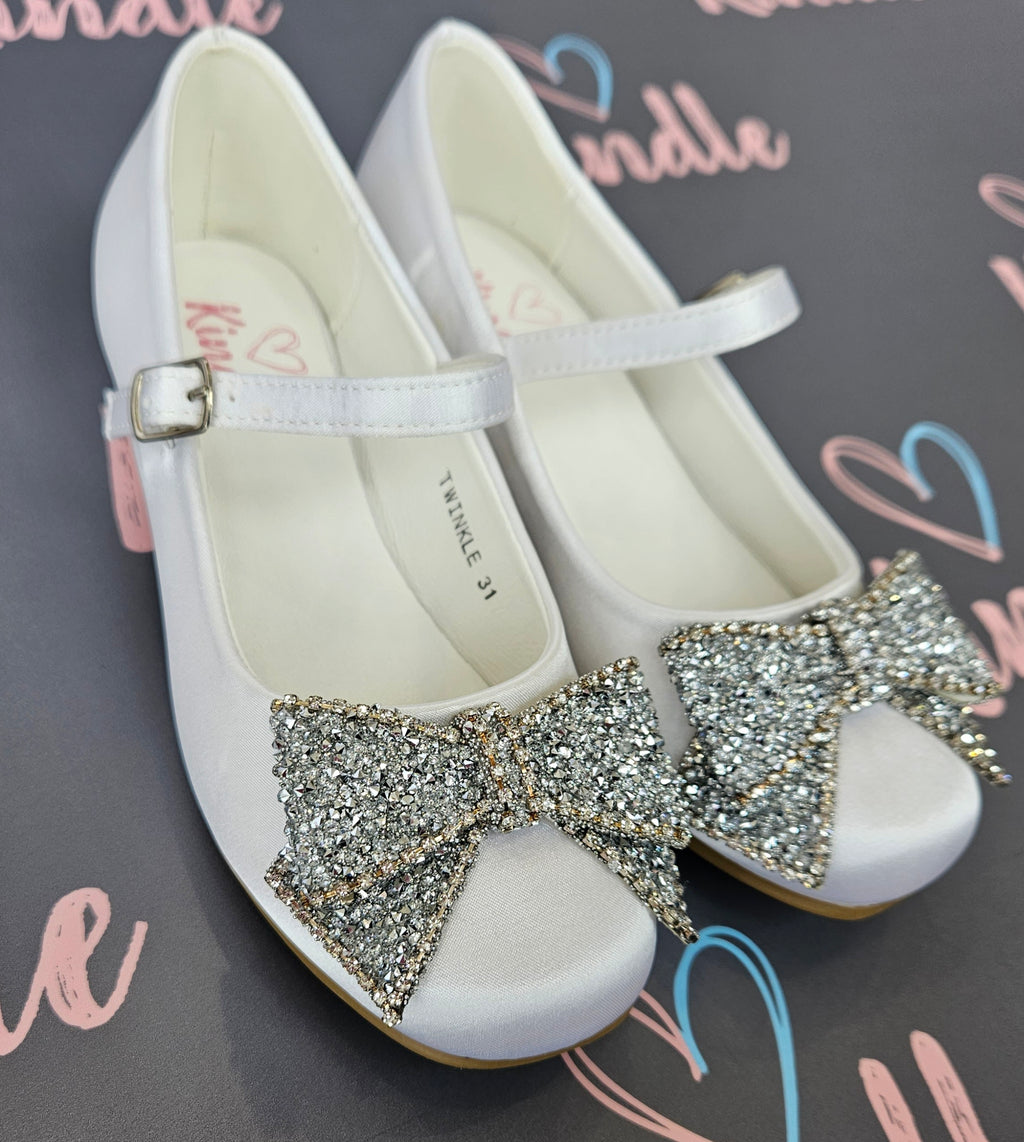 SALE SHOES KINDLE Girls White Communion Shoes:- Heels Twinkle