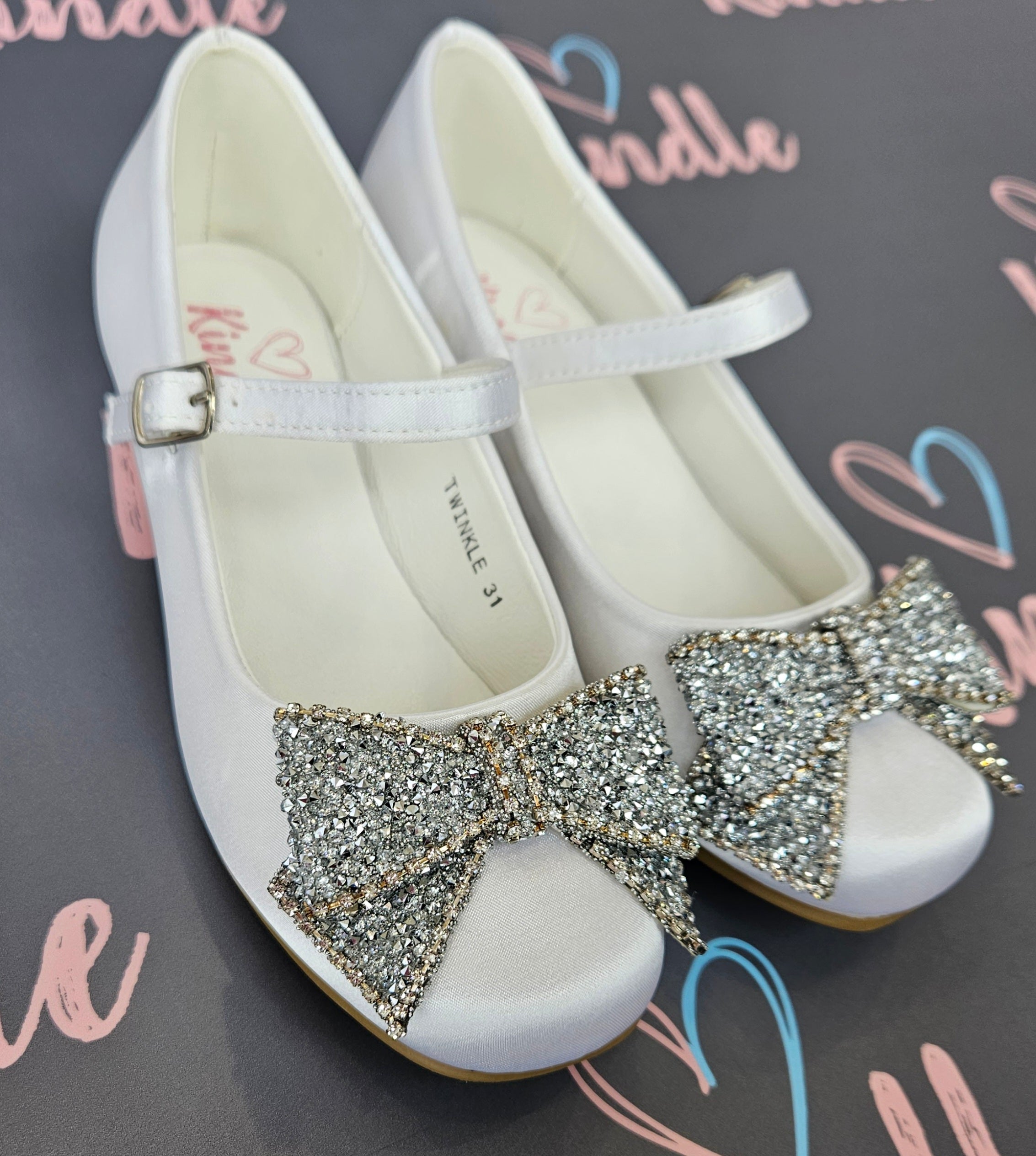 SALE SHOES KINDLE Girls White Communion Shoes:- Heels Twinkle