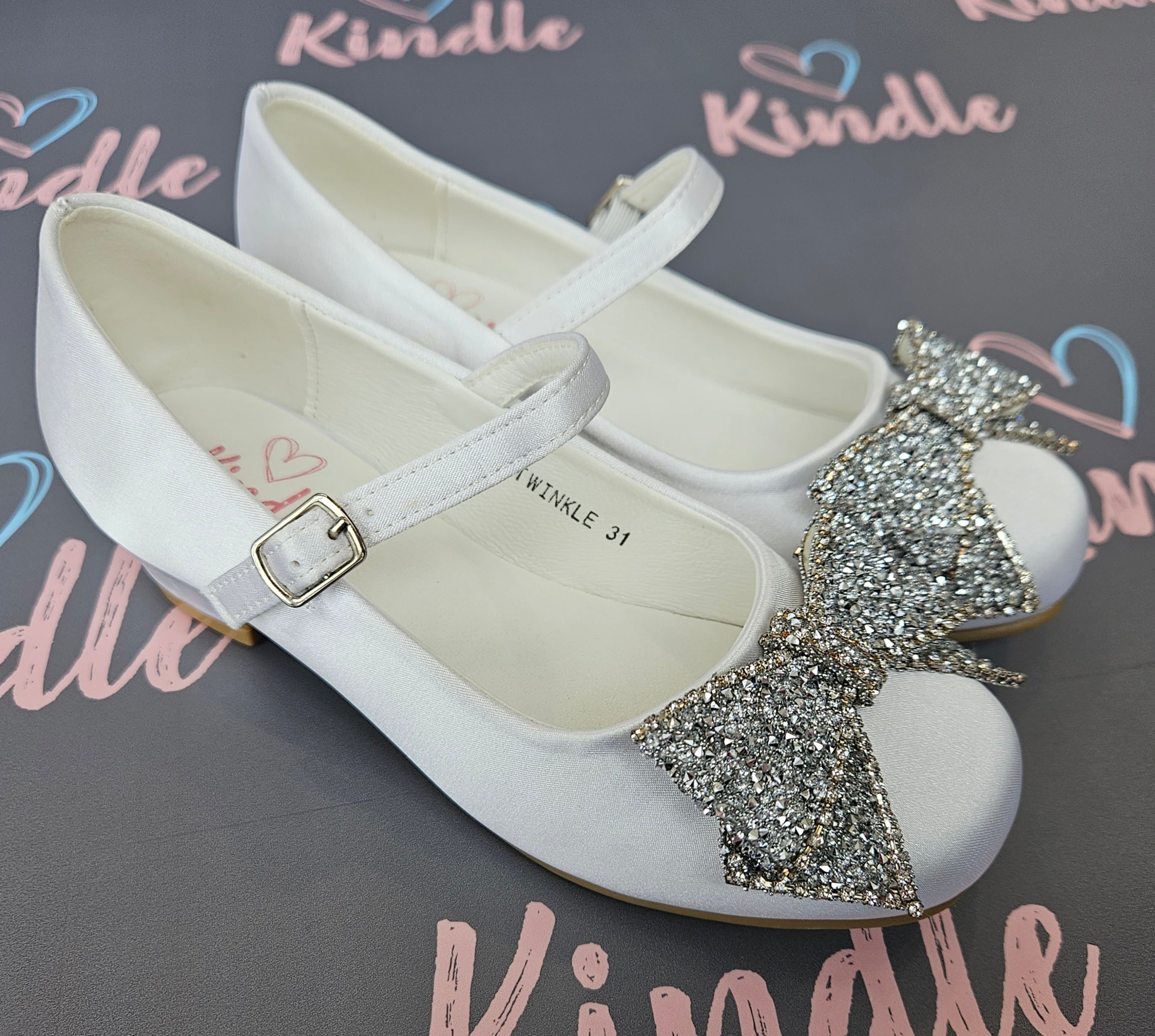 SALE SHOES KINDLE Girls White Communion Shoes:- Heels Twinkle