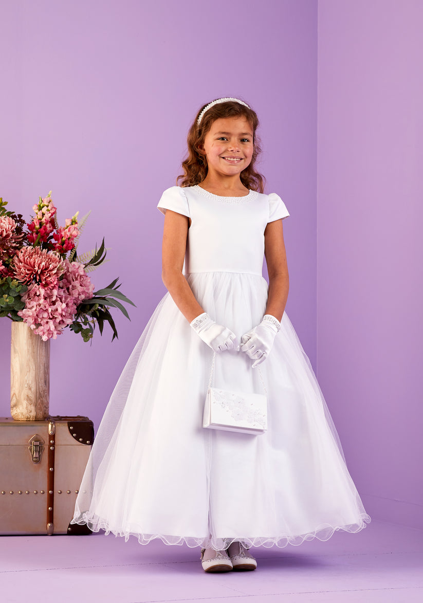 SALE COMMUNION DRESS Peridot Girls White Communion Dress:- Tiana Age 7