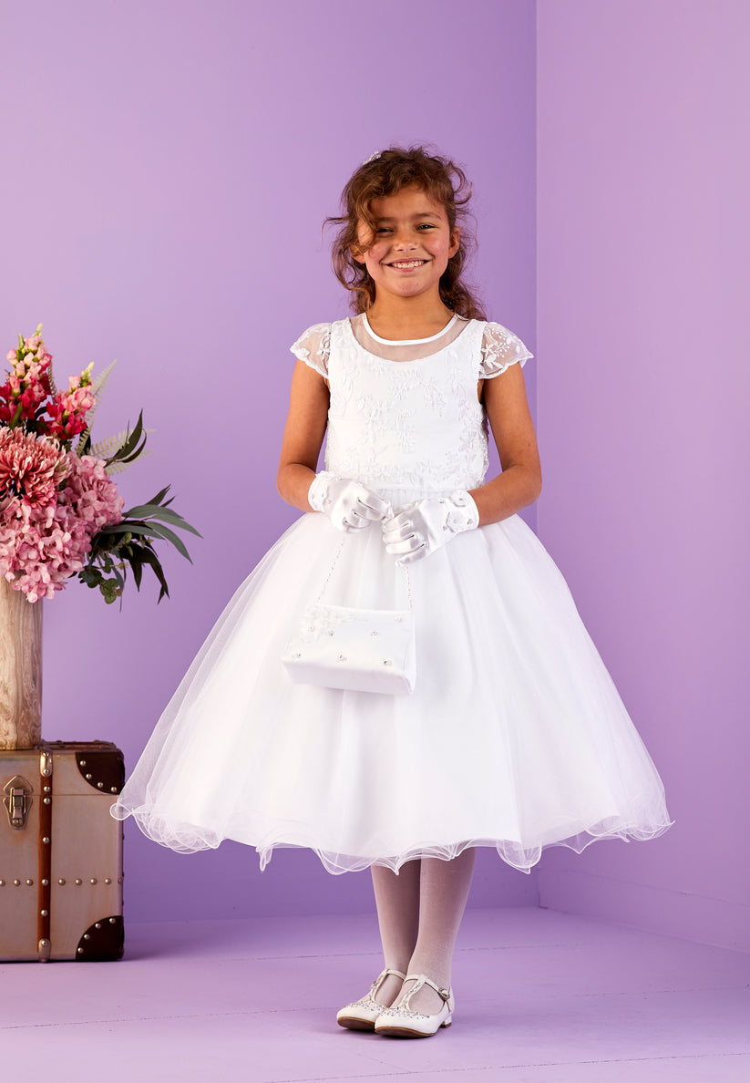 SALE COMMUNION DRESS Peridot Girls White Communion Dress:- Lana Age 8 & 9
