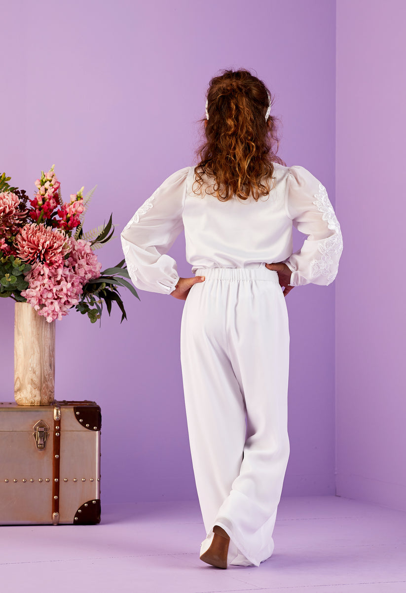 Peridot Girls White Communion Trouser Set:- Ramona