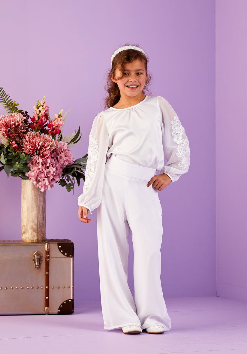 Peridot Girls White Communion Trouser Set:- Ramona