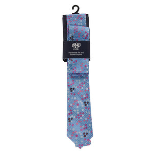 1880 Club Boys Tie & Pocket Square:- Light Blue Floral