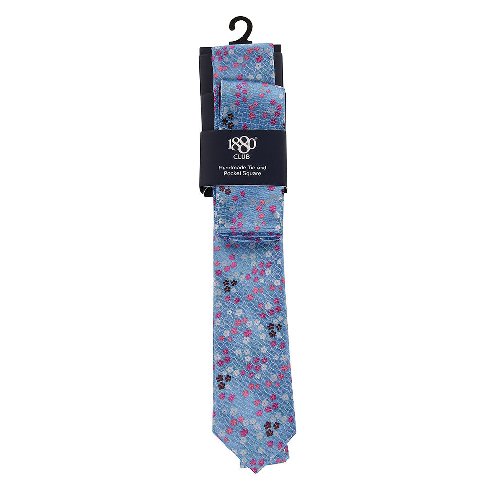 1880 Club Boys Tie & Pocket Square:- Light Blue Floral