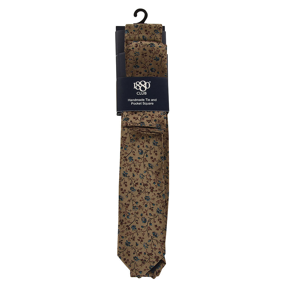 1880 Club Boys Tie & Pocket Square:- Beige Floral