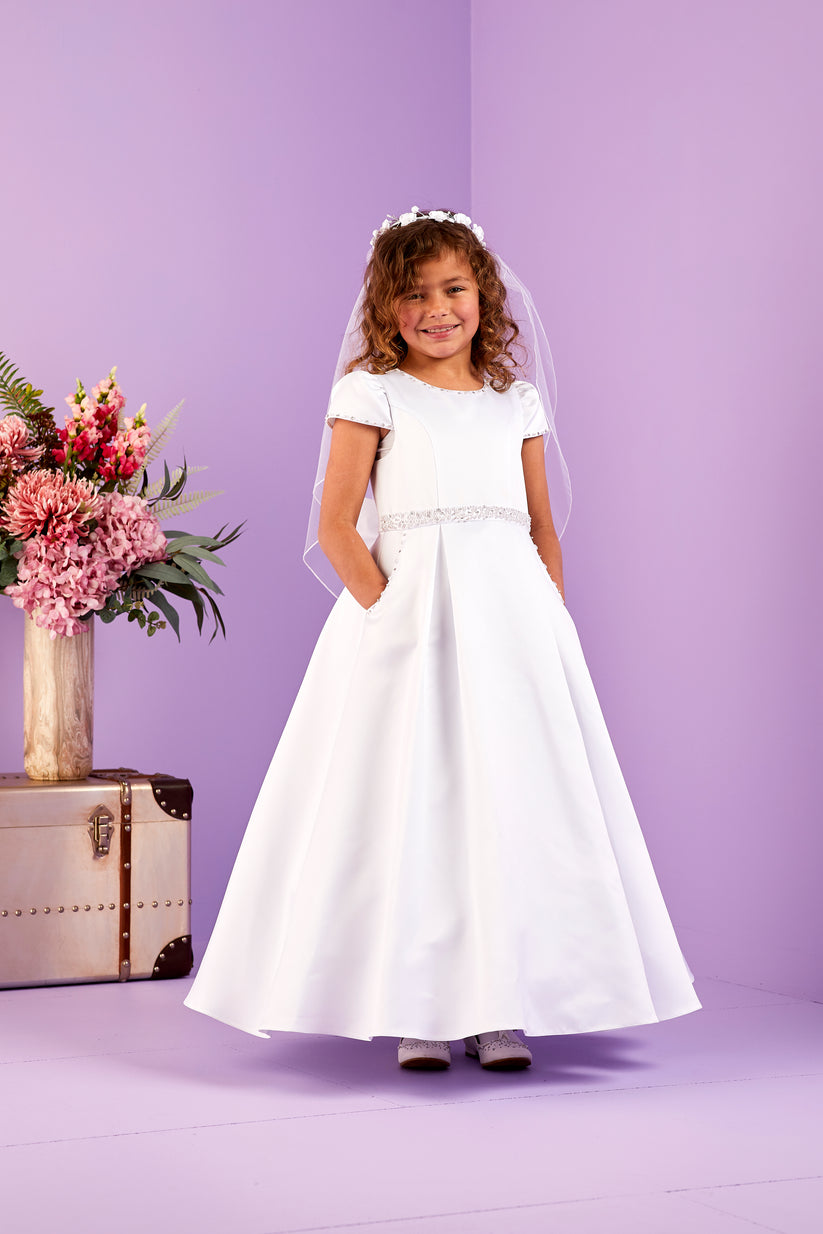 SALE COMMUNION DRESS Peridot Girls White Communion Dress:- Lucia Age 7 & 9