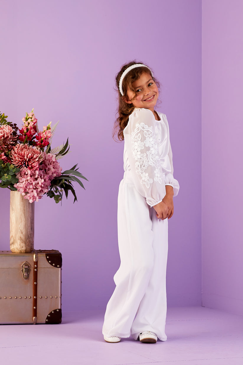 Peridot Girls White Communion Trouser Set:- Ramona