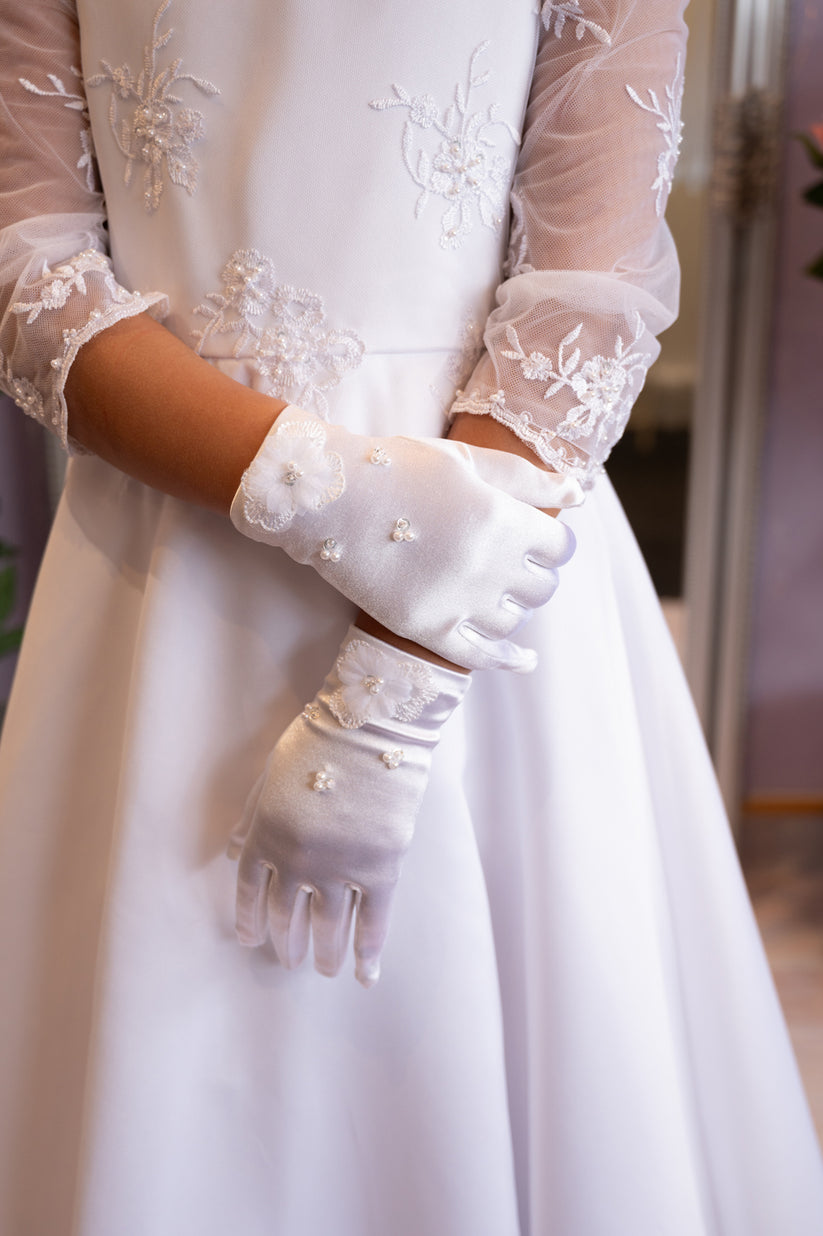 Peridot Girls White Communion Gloves:- Paige