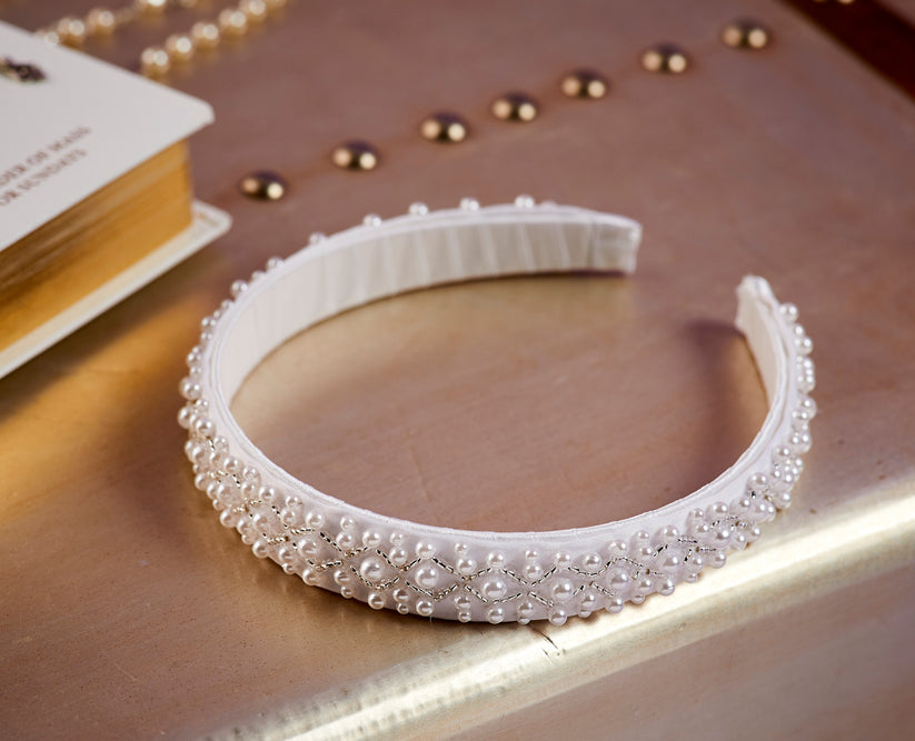 Peridot Girls White Communion Head Band:- Rosalyn