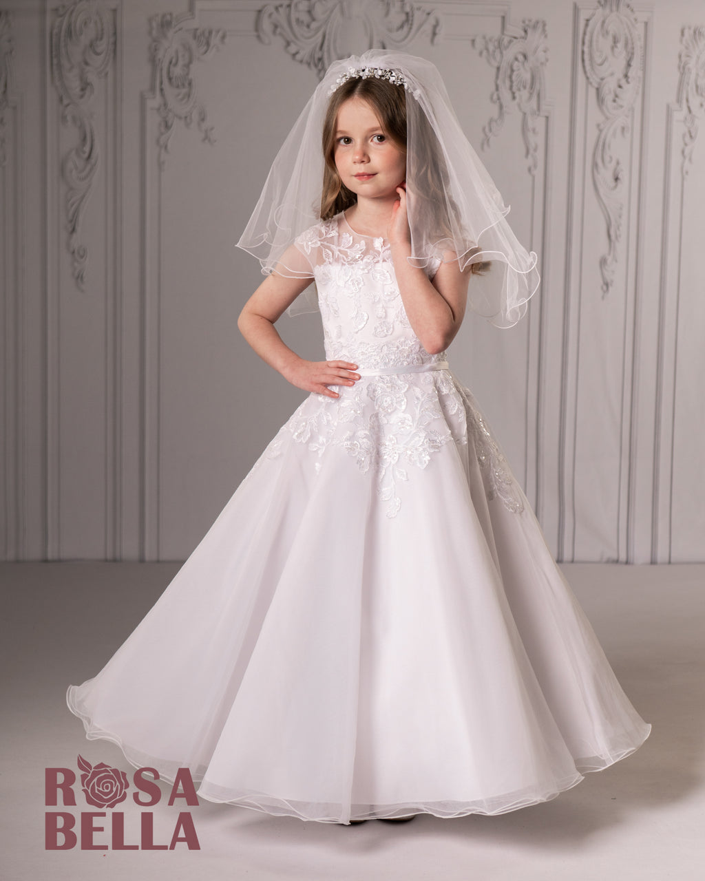 SALE COMMUNION DRESS Rosa Bella By Sweetie Pie Girls White Communion Dress:- RB301 AGE 7 & 8