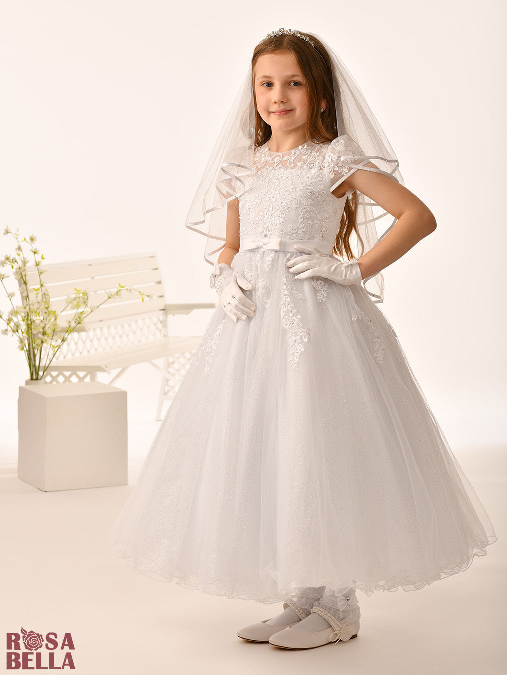Rosa Bella By Sweetie Pie Girls White Communion Dress:- RB631