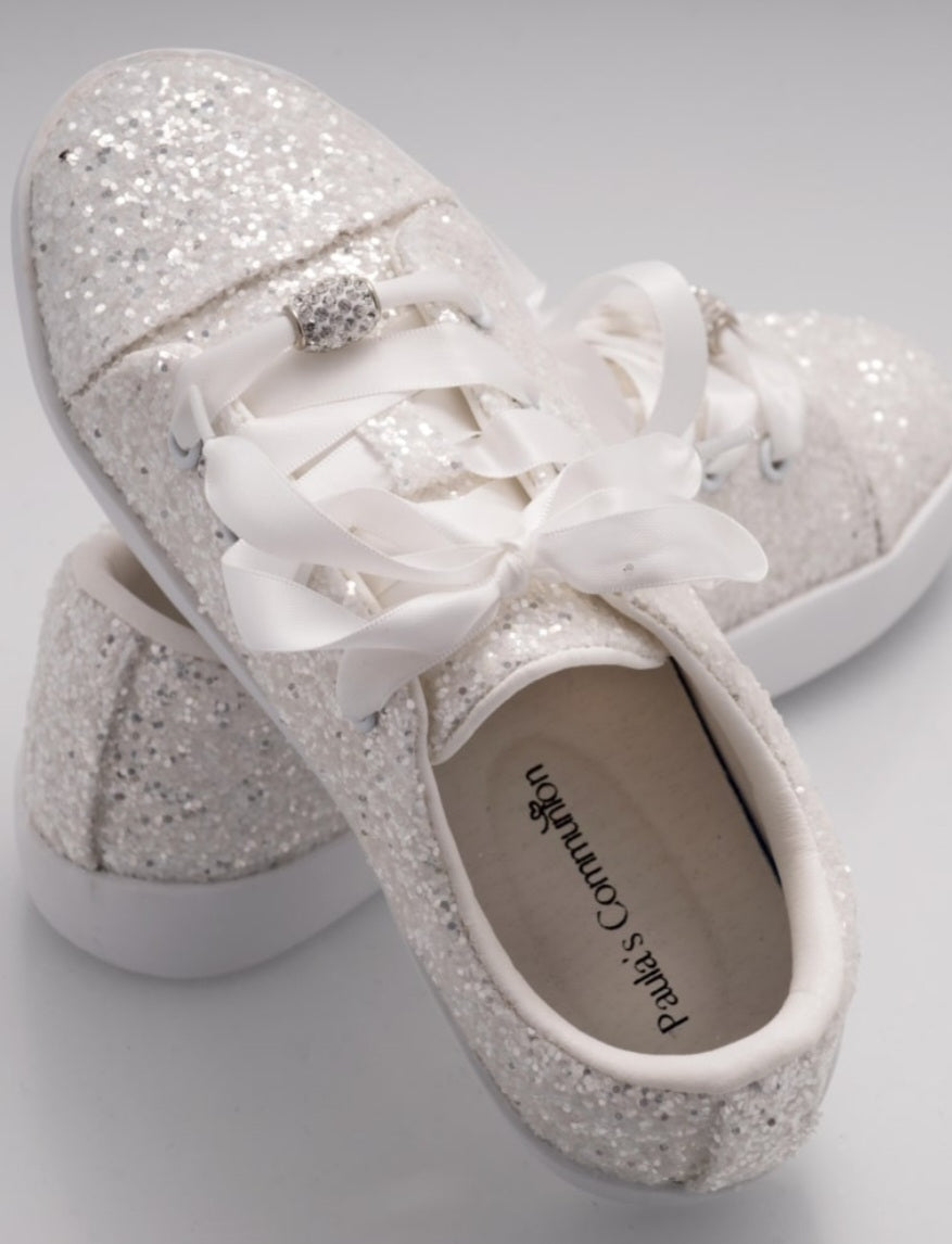 Paula's Communion Girls White Glitter Communion Trainer Shoes:- Flats