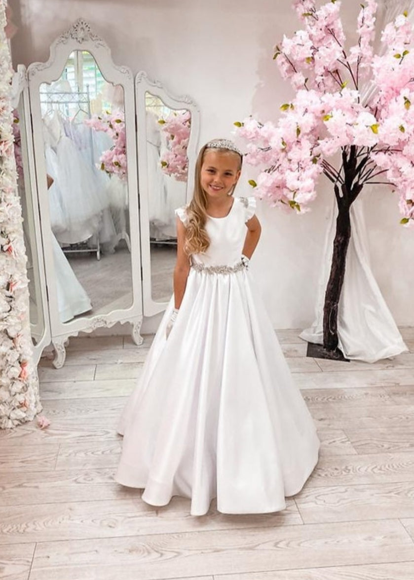 SALE COMMUNION DRESS Crystal & Pearl Serena White Communion Dress (Satin Skirt) Age 7