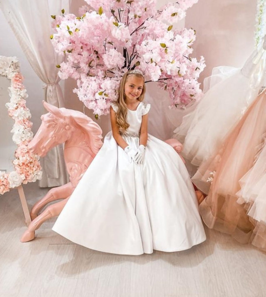SALE COMMUNION DRESS Crystal & Pearl Serena White Communion Dress (Satin Skirt) Age 7