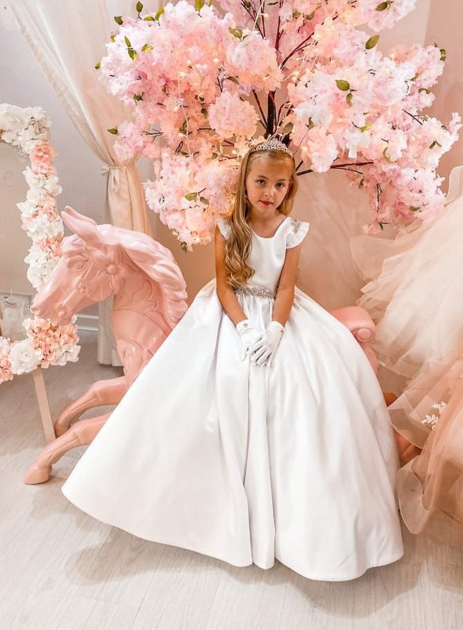 SALE COMMUNION DRESS Crystal & Pearl Serena White Communion Dress (Satin Skirt) Age 7