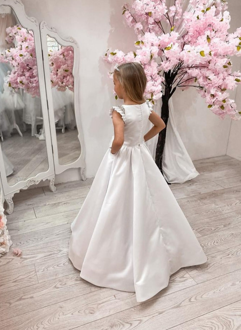 SALE COMMUNION DRESS Crystal & Pearl Serena White Communion Dress (Satin Skirt) Age 7