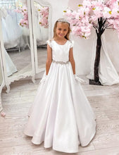 Load image into Gallery viewer, Crystal &amp; Pearl Serena White Communion Dress (Satin Skirt)
