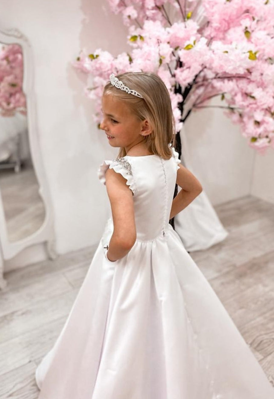 SALE COMMUNION DRESS Crystal & Pearl Serena White Communion Dress (Satin Skirt) Age 7