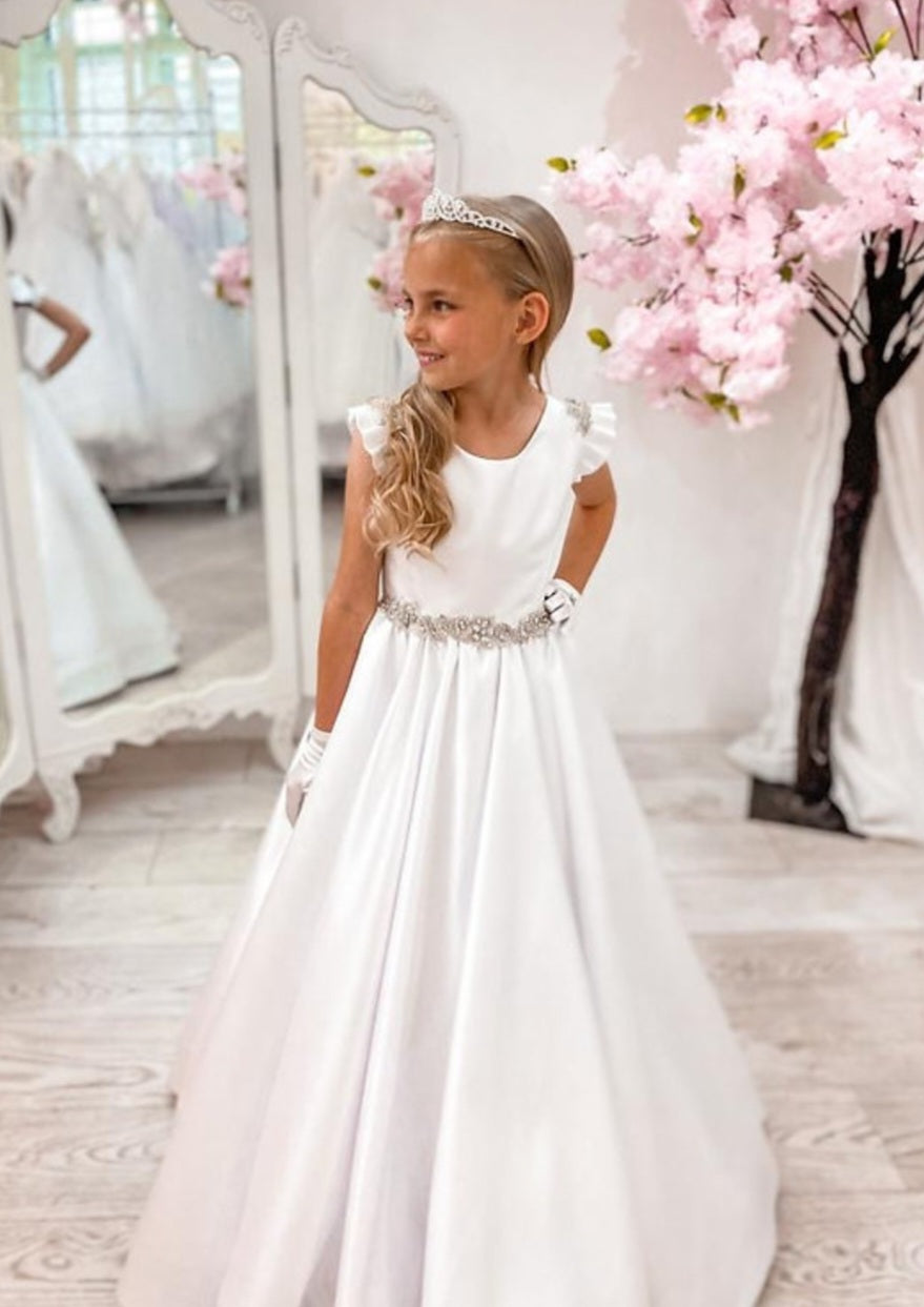 SALE COMMUNION DRESS Crystal & Pearl Serena White Communion Dress (Satin Skirt) Age 7