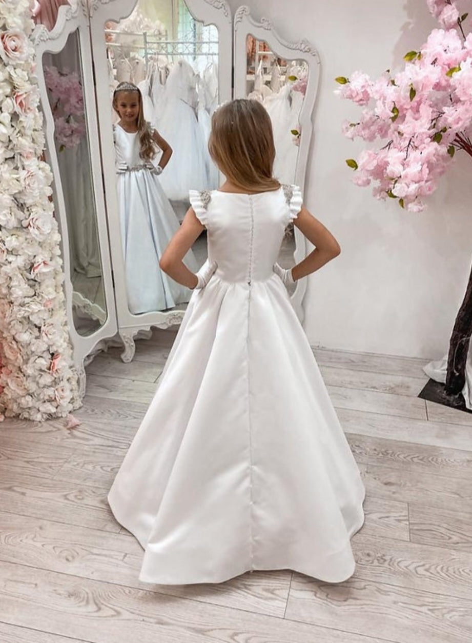 SALE COMMUNION DRESS Crystal & Pearl Serena White Communion Dress (Satin Skirt) Age 7