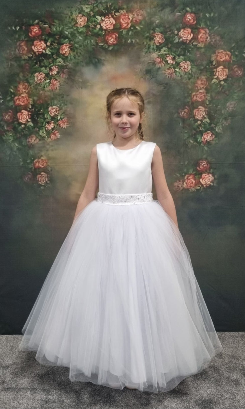 SALE COMMUNION DRESS Celebrations Girls White Communion Dress:- Willow With Cap Sleeve Age 7 & 9