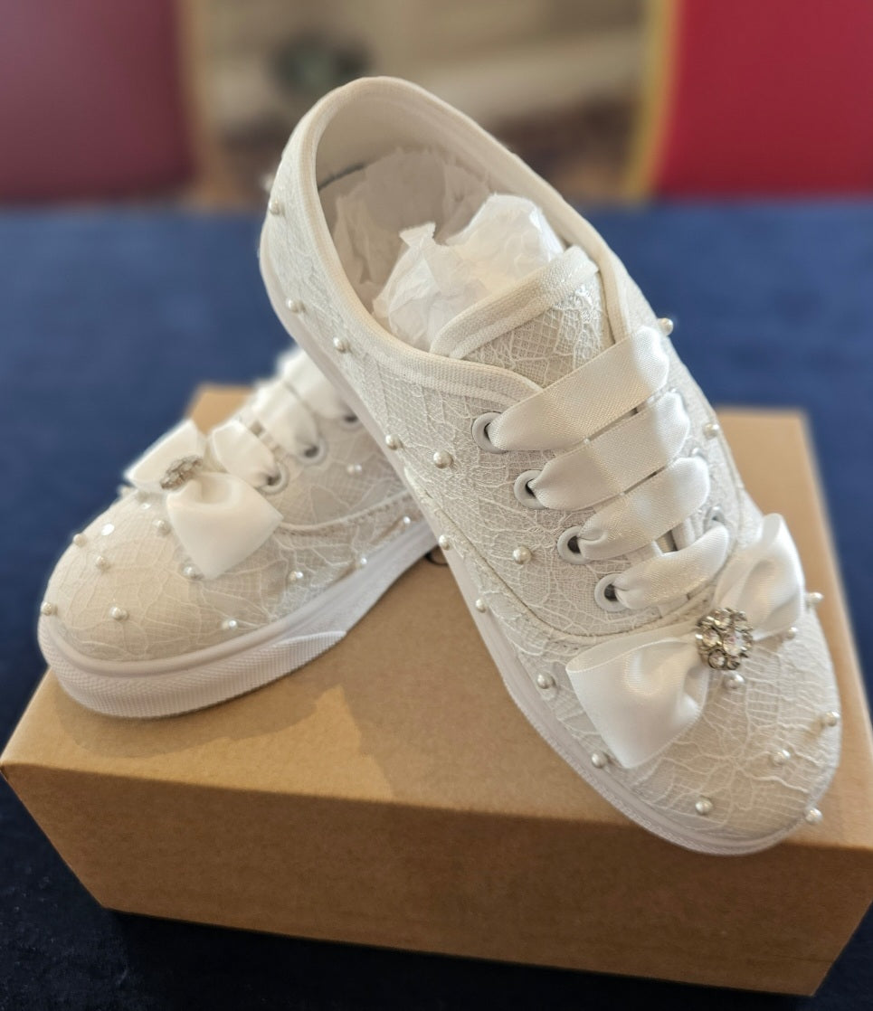 Paula's Communion Girls White Pearl Communion Trainer Shoes:- Flats