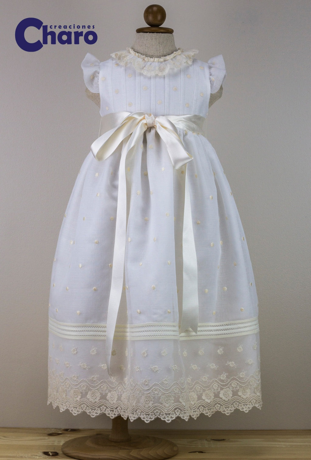 Unisex Charo Faldon Long Dress With Matching Pants:- Off White/ Ivory 482 Christening Gown